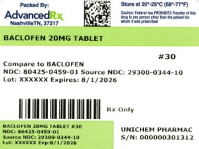 Baclofen 20mg Tablet #30 (Baclofen 20mg 80425 0459 01)